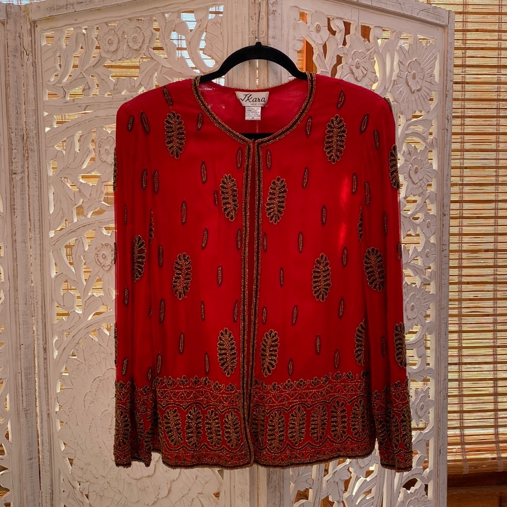 Glamorous Red Silk Embellished Vintage Jacket – J Kara New York –Medium